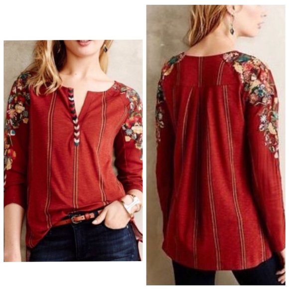 Anthropologie Tops - ANTHRO TINY Cotton/Rayon Red Floral Embroidered Boho Top